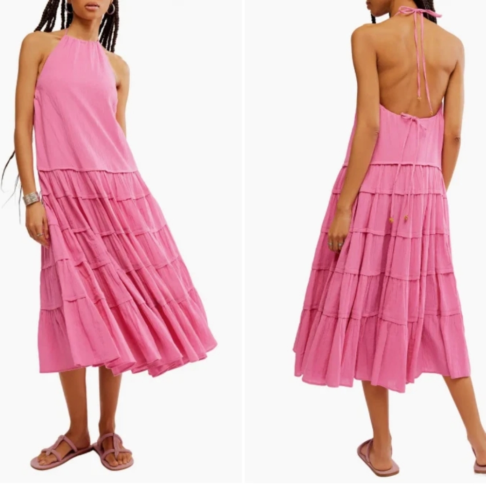 NWT Free People Sz Small Somewhere Sunny Drop Waist Halter Maxi